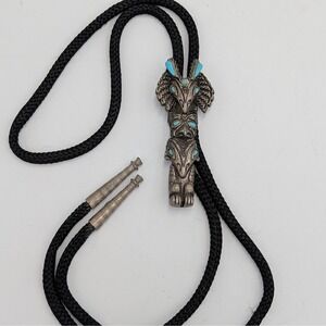 Vintage Totem Pole Bolo Tie Southwestern Eagle Owl Turquoise Inlay Pewter Tone